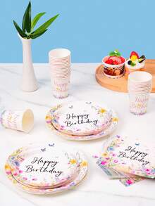White Floral Happy Birthday Disposable Plate, Napkin, Cup Set, Plates, Napkins And Cups Party Supplies, Serves 8 Guests, Disposable Paper Plates Party Tableware Suitable For Birthday, Wedding, Theme Party, Family Picnic - Multicolor - View 5