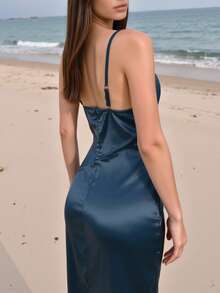 D&M 缎面 V 领露背侧开衩吊带裙，适合约会，简约时尚休闲百搭女装。感恩节、圣诞节、新年假期 - 藍色 - 查看 6