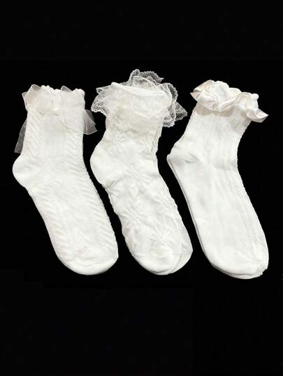 6双层叠层蕾丝装饰袜，可爱柔软女士中筒袜，情人节礼物，蝴蝶结蕾丝边中筒袜，白色薄款日系甜美公主洛丽塔玛丽珍袜，蕾丝蝴蝶结可爱日系蕾丝公主仙女袜，ins风中筒袜，圣诞礼物