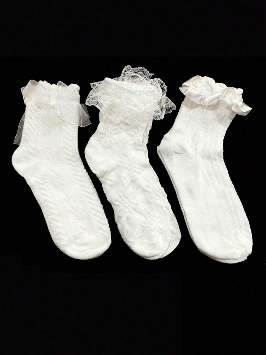6双层叠层蕾丝装饰袜，可爱柔软女士中筒袜，情人节礼物，蝴蝶结蕾丝边中筒袜，白色薄款日系甜美公主洛丽塔玛丽珍袜，蕾丝蝴蝶结可爱日系蕾丝公主仙女袜，ins风中筒袜，圣诞礼物 - 彩色 - 查看 1
