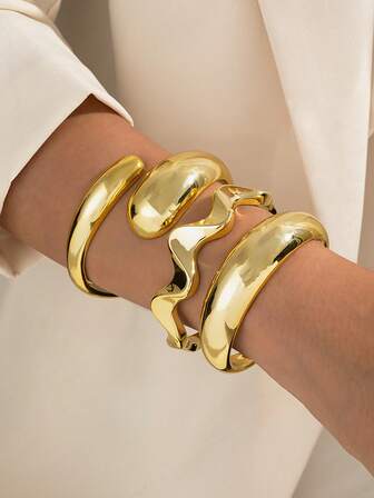 3件套奢华简约几何波浪图案开口手镯套装，表面光滑，适合日常佩戴和晚间活动