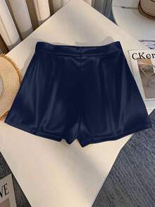 女士高光泽纯色缎面腰带拉链口袋日常腰链玫瑰金装饰短裤 - 藏蓝色 - 查看 3