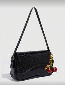 1pc Women Faux Leather Shoulder Bag, Black Crocodile Pattern Square Bag, Versatile Patent Leather Purse, Y2K Crossbody/Underarm Bag, Fashionable Sling Bag, With Cherry Pendant Charm - 黑色 - 查看 2