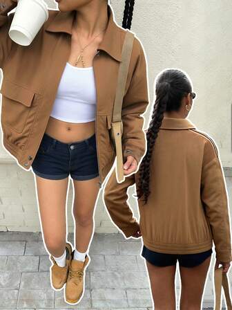 Woven Fabric Button Front Jacket For Women Regular Length Long Sleeve With Collar And Pockets In Brown