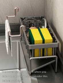 1 Sink Organizer With Automatic Drain Tray For Sponges, Dishwashing Liquid, Cleaning Towels And Brushes, And Organization Basket For Home Cleaning Kitchen Countertops, Black Or Gray Dish Cloth Holder, No Drilling Or Suction Cups Required, Drain Rack Basket Organizer - 灰色 - 查看 8