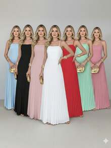 Women's Long Pleated Dress With Thin Straps And Tie Back - Perfect For Weddings, Graduations, Parties, And Christmas - Hồng - Xem 4