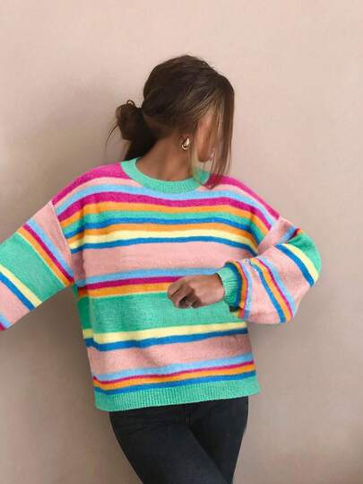 Large-Size Women's Autumn-Winter Colorful Striped Contrast-Color Korean-Style Round-Neck Long-Sleeve Sweater, Fashionable And Lazy Style, Sweet And Casual Knitted Top