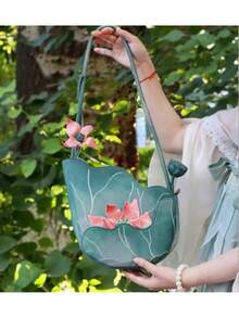 1Pc Lotus Pattern CrossBody Fashion Bag  –Chinese Style Women's Shoulder Bag, Exquisite Green & Pink Lotus Dragonfly Pattern, Lightweight Zipper Closure Bag For Travel, Vacation & Birthday Gifting - 1個 - 查看 5