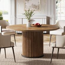 LITTLE TREE 47.24-Inch Brown Round Dining Table For 4-6 People, Modern Fluted MDF + Metal Base Kitchen Table, Sturdy Circle Dining Room Furniture, Brown - 棕色 - 查看 8