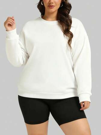SUPEKYKO Plus Size Women's Plus Size Drop Shoulder Crew Neck Sweatshirt - Solid Color Round Neck Long Sleeve Casual Sportswear