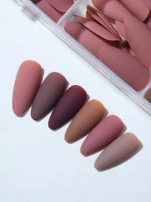 144片（6种混合色）哑光杏仁形亮棕色和浅棕色亚克力按压式美甲贴片，包含1片果冻胶和1个指甲锉，易于佩戴，适合女性日常工作、派对和其他场合。 - 棕色 - 查看 5