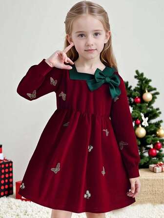 Girls' Sweet Bowknot & Embroidery Decor Long Sleeve Dress, Suitable For Spring/Autumn, Christmas Party, Family Gathering, Outdoor Play, And Daily Wear