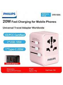 PHILIPS SPB1006B Universal Socket Adapter, PD20W High-Efficiency Fast Charging, 2A1C Design, Suitable For UK, Europe, America, Australia, Japan, And Singapore, Ideal For International Travel. - US B Type Plug(220-240V) - View 3