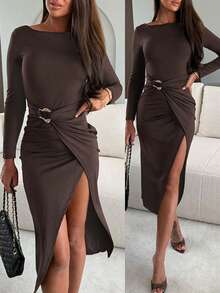 ChicMe Women's Long Sleeve Round Neck Ruched Waist Metal Decor Bodycon Midi Dress, Solid Color Slim Fit Side Slit, Elegant Sexy For Daily Wear And Party - Brown - View 1