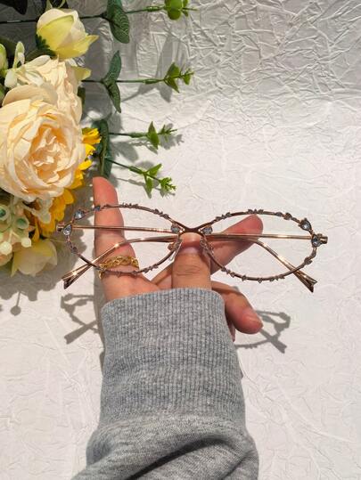 1 Pair Metal Frame Classic Oval Rhinestone Studded Minimalist Y2K Design Glasses, Versatile & Flattering For Casual, Vacation