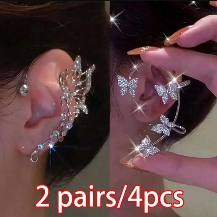2Pcs Fashion Style Shiny Butterfly Ear Wrap, Earrings Fairy Ear Climber Luxury No Piercing Clip On Earrings - 銀色 - 查看 1
