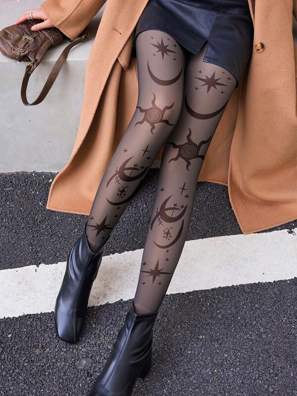 جوارب نسائية، 220 جرام/80 جرام، خريف/شتاء، جوارب ضاغطة مشكلة للساق ذات خصر مرتفع وقابلية امتداد عالية، طباعة شخصية، سراويل ضيقة للأعمال