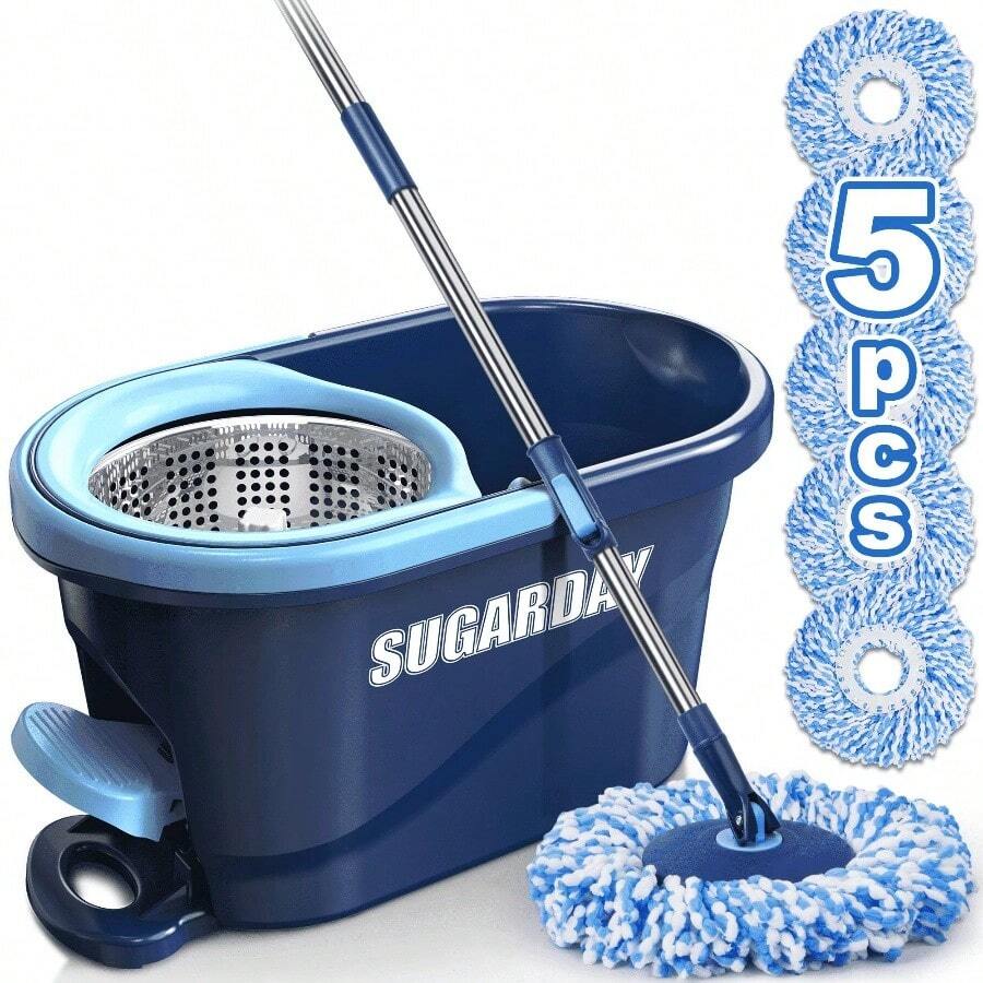 Spin Mop And Bucket With Wringer Set Floors Cleaning Heavy Duty System, Blue - Cây lau nhà màu xanh nhạt và xô + 5 đầu lau nhà - Xem 1