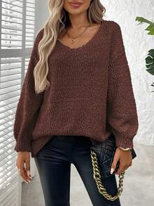 Suéter de punto de manga larga, cuello redondo, unicolor, informal, talla grande - Café integral - Ver 5