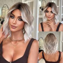 14-Inch Short Wave Brown Ombre Wigs For Women,Elegant Wavy Bob Wigs With Curtain Bangs,High Quality Soft Synthetic Fiber Wigs For Women Daily Wear, Festival Ready Party Use, Graduation Gift - Beginners Glueless Wig Accessorie - 漸層棕色 - 查看 12