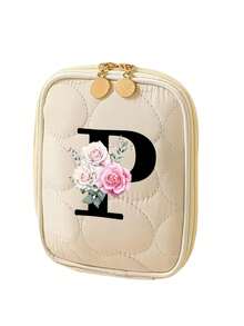 Borsa da trucco portatile semplice ed elegante, stampa floreale nera con iniziali da A a Z, borsa portatile per rossetti, clutch da viaggio, borsa cosmetica da viaggio portatile, borsa da toilette, borsa multifunzionale per riporre cosmetici, rossetti, cavi dati, medicinali, gioielli, articoli di uso quotidiano, regalo perfetto per amanti, famiglia, madre, amici, compagni di classe, colleghi, insegnanti, ideale per vacanze, compleanni, San Valentino, Ringraziamento, Natale, regali per donne, idee regalo per donne