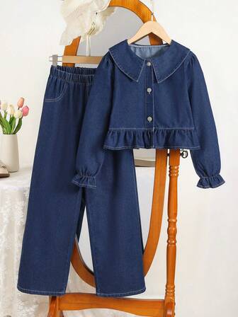 两件套女童休闲舒适优雅复古翻领牛仔外套搭配宽松直筒牛仔裤