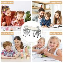 Conjunto de mesa y 4 sillas infantiles, altura ajustable para niños de 2 a 10 años, superficie con diseño de grafiti, patas antideslizantes, ideal para guarderías, aulas y el hogar, color gris. - Gris - Ver 6