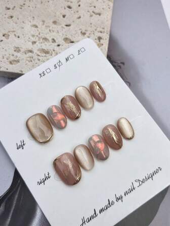 10pcs Short Oval French Style Cat Eyes And Elegant Golden - Line & Sparkling Elements Design Shiny 100% Handmade Press On Acrylic Fake Nails Reusable Nail Supplies For Women's Daily Or Party Wear