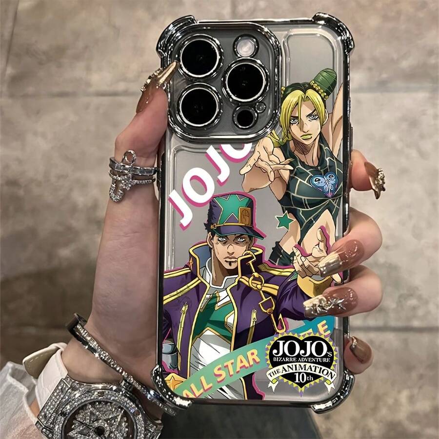 Estuche Transparente Antigolpes para 16, 15, 14, 13, 12, 11 Pro, X, XR, XS, Plus - Anime Bizarre Adventure - Diseño Lindo y Suave17 17promax - Plateado - Ver 1