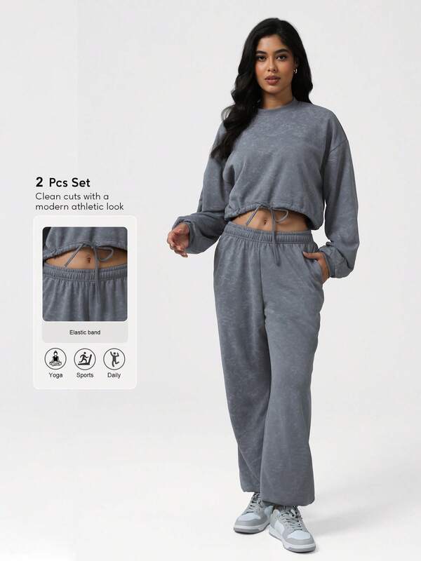 Sodalemon Women Casual Athletic 2 Pcs Set Drawstring Waist Yoga Outdoor Fitness Long Sleeve Sweatshirt Pockets Loose Training Running Jogging Pants Gym Sport Set