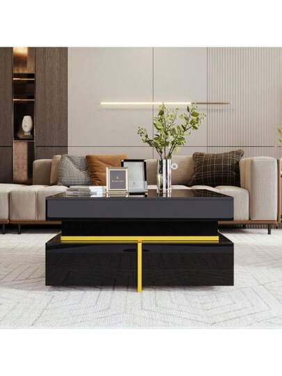 Couchtisch, Hochglanz Wohnzimmertisch, Beistelltisch Mit Schubladen Und Goldenen Akzenten view 7