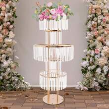 Modern 5-Tier Wedding Flower Stand, 5-Tier Acrylic Crystal Flower Stand, Wedding Vases Centerpieces, Crystal Vases, Elegant Flower Display Holder For Weddings, For Parties, Events Decoration(Round Pedestal, Silver/Gold) - 金色 - 查看 6
