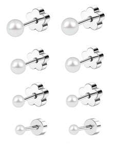 4 Pairs Flat Back Pearl Stud Earrings For Women Girls Stainless Steel Small Pearl Cartilage Earrings Hypoallergenic Pearl Screw Back Earrings For Sensitive Skin Helix Piercing Jewelry
