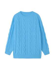 Plus Size Women Casual Solid Color Round Neck Sweater, Loose Fit Long Sleeve Pullover With Cable Pattern, Suitable For Valentine's Day Outfits - Blue - View 2