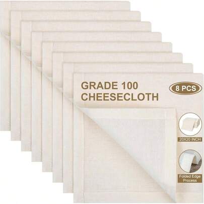 8 Pcs Cheese Cloths Grade, Cheese Cloth Bag Straining 20x20 Inch Hemmed Cotton, Cheesecloth Straining Unbleached Strainer, Muslin Cloth Coffee, Baking, Cheese Making
