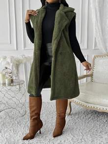 Plus Size Women Casual Military Green Turndown Collar Double Button Pocket Solid Color Fuzzy Cardigan Jacket - Green - View 5