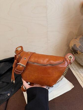 Dammode Bröstväska med kedjefunktion, PU-material, Dragkedja, Bärbar ficka för att hålla telefonen, Midjeväska, Enfärgad Enkel stil, Axelremsväska För shopping, dejting, utflykt, Kompakt storlek