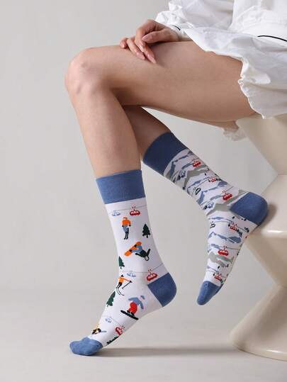 1 Pair Women's Cartoon Skiing Pattern Mid-Calf Socks, Cute & Casual For Daily Wear And Gatherings