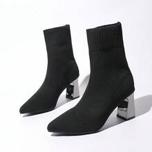 Damen Herbst/Winter Schwarze neue Mode Spitzschuh einfarbig Strickstoff Obermaterial bequem atmungsaktiv Plateauabsatz elastischer hoher Absatz Knöchelstiefel, geeignet für Frühling Outdoor Lässig, Tanzparty, Slip-On High Heel Knöchelstiefel und Kurzstiefel - Schwarz - Übersicht 7