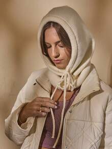 Aralina 1pc Stylish Face Mask Neck Gaiter Winter Hats For Women Unisex Knitted Hooded Beanie Men Women Drawstring One Piece Hat Thermal Balaclava - Beige - View 7