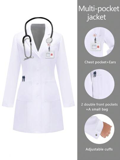 Women's Long Sleeve Multi-Pocket Scrubs Nurse Scrubs Workwear Dentist Healthcare Pet Hospital Laboratory White Coat