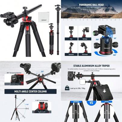 Camera Tripod Monopod 72" Aluminum Overhead Mount Stand Heavy Duty For DSLR Cam Video Camcorder Horizontal Center Column 360° Ball Head And Arca Type QR Plate Max Load 33 Lbs Cleaning Cloth