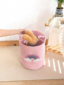 1pc Cartoon Polyester Laundry Basket With Foldable Handle, Modern Style Home & Kitchen Storage Organizer Rack, Open-Top Design With Shelf