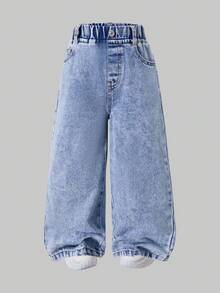 Young Girl Versatile Fashion Bleached Straight Leg Casual Jeans, Summer, 8 Years, Loose Cute Jeans, Loose Denim, Loose Jeans