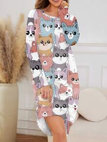 可爱猫咪印花女士睡衣，休闲长袖针织女士睡袍连衣裙，圆领长裙女士睡衣家居服，春秋冬 - 彩色 - 查看 5