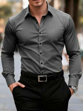 قميص رسمي للرجال أحادي الصدر بأكمام طويلة وبلون واحد