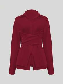 Blusa de manga larga de ajuste ceñido, de unicolor y elegante, con cuello, de poliéster y cierre de botones, para primavera - Rojo - Ver 7