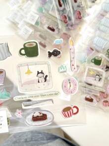 1张时尚3D装饰贴纸，可爱猫咪咖啡主题，适用于DIY手账、手机、平板电脑、杯子等。 - 彩色 - 查看 3