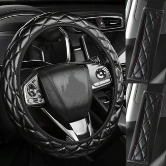 Set de 3 piezas Funda de volante de cuero PU y almohadillas para el hombro del cinturón de , Juego de accesorios para automóvil
