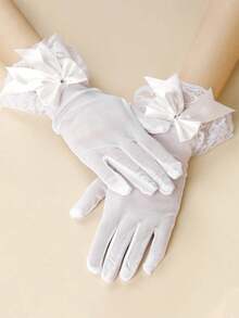 1 Pair Women's Elegant Short Gloves With Rhinestones, Mesh, Lace Trim And Bow Accent - White - View 9